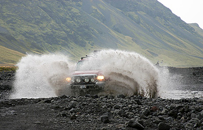 Iceland, crossing the Krossa River by truck