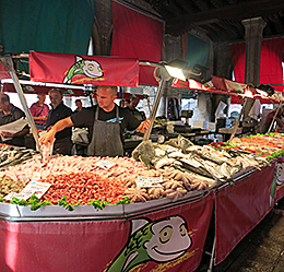 Venice fish market vendors display offerings
