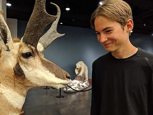 Aren Elliott and a gazelle at the Monte L. Bean Life Science Museum in Provo, Utah