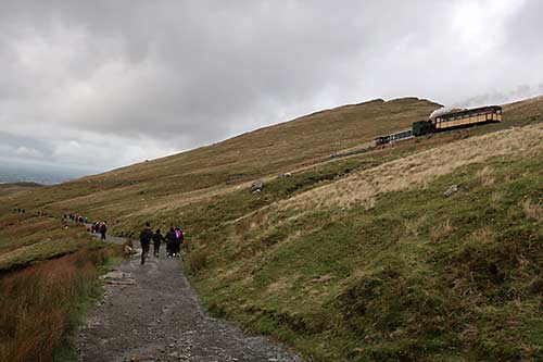 Snowdon Mountain Train passes hikers