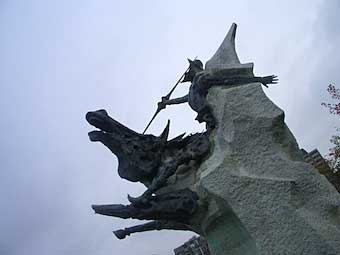 Don Quixote and Rocinante emerge from a rock before the Kennedy Center. (Photo by Brett L.)
