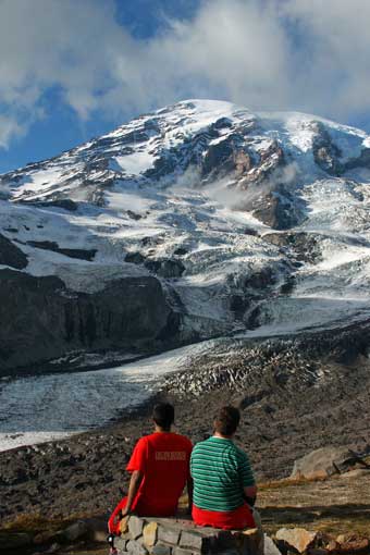 Mount Rainier watched by two boys