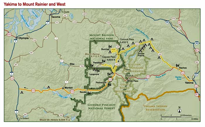 Map, Yakima to Rainier National Park and west