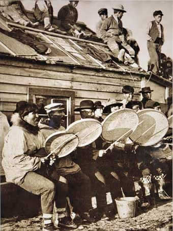 Inupiaq dance drummers near Nome in 1900