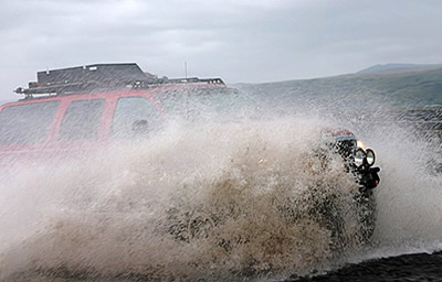 Iceland, crossing the Krossa River by truck