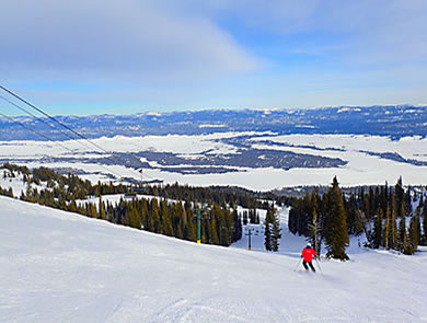 Tamarack skier above Lake Cascade