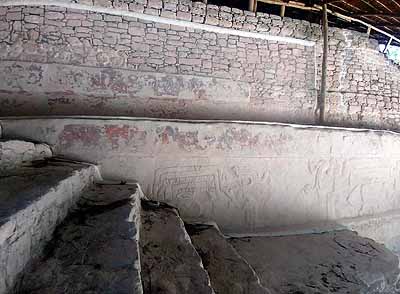 Dzibanche Temple cormorants and decorated steps
